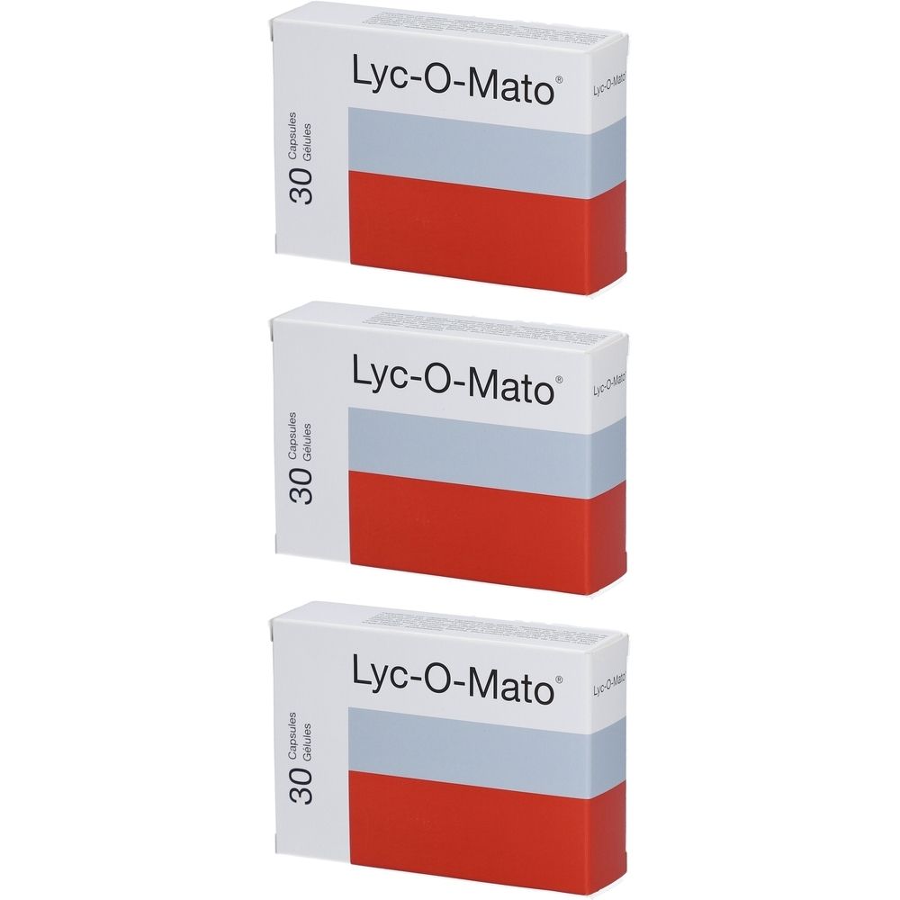 Trois boîtes de Lyc-O-Mato®. Boîtes blanches avec bandes rouges et grises. Inscription : 30 gélules.