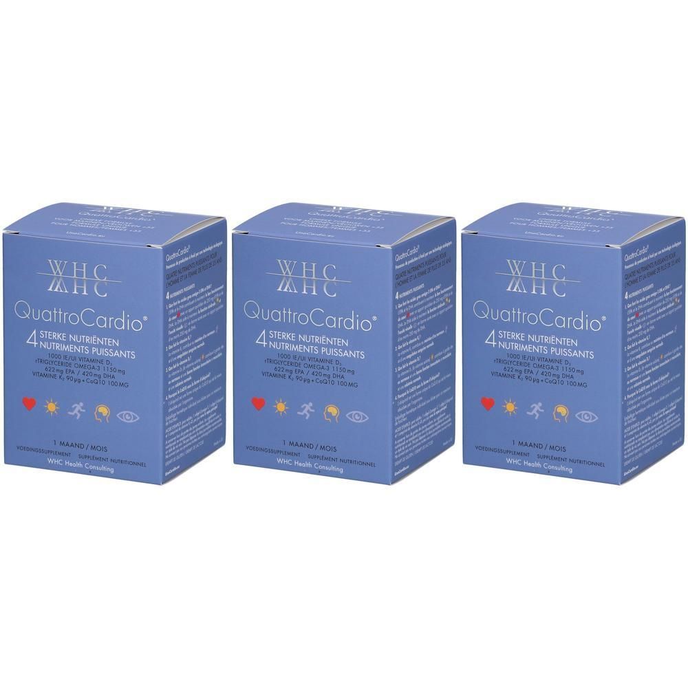 Trois boîtes bleues "WHC QuattroCardio". Inscriptions avec informations nutritionnelles et logos.