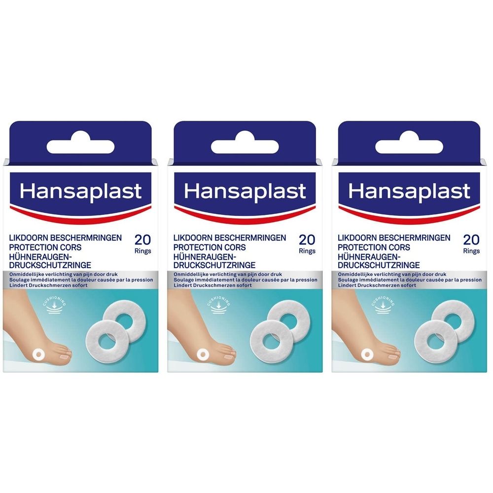 Trois boîtes Hansaplast. Sur chaque boîte: nom du produit, 20 anneaux, pied avec anneau. Emballage bleu et blanc.