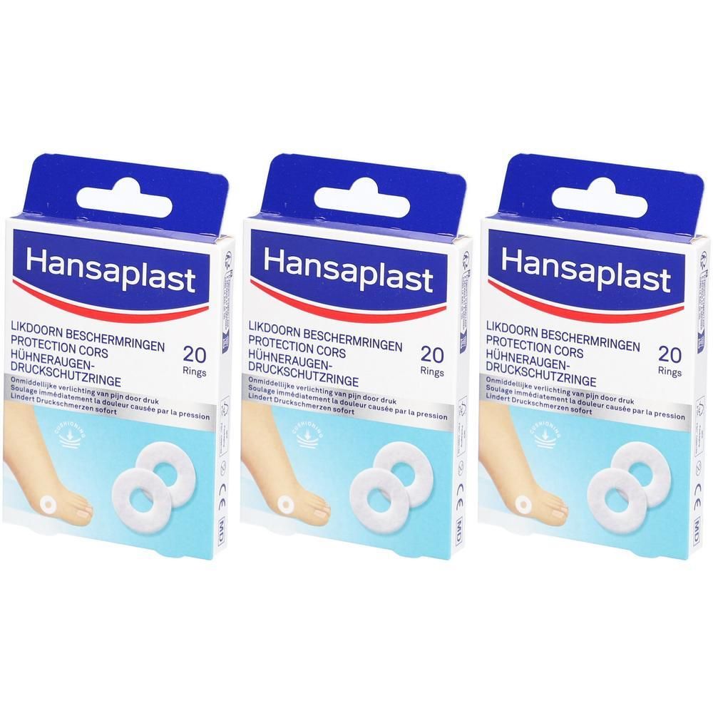 Trois boîtes de Hansaplast Cors Protections. Chaque boîte contient 20 anneaux. Inscription : Anneaux protecteurs pour cors.