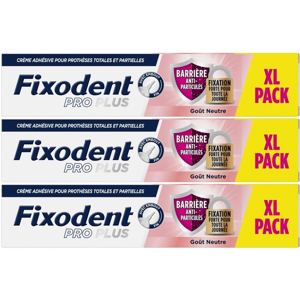 Trois tubes de Fixodent Pro Plus. Tubes blancs avec texte bleu et jaune. Inscription: Barrière Anti-Particules, XL Pack.