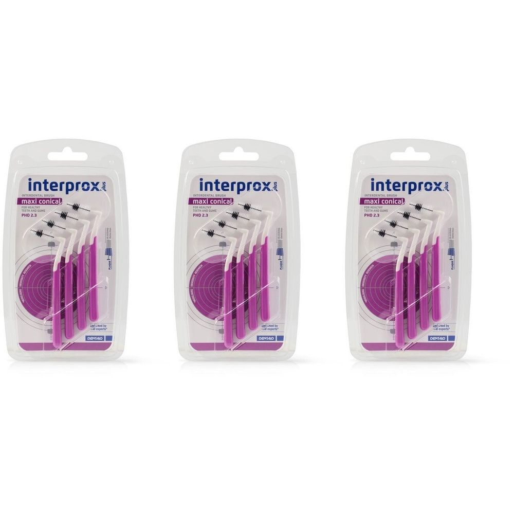 Trois blisters de brossettes interdentaires violettes. Chaque paquet contient plusieurs brosses. Le nom "Interprox" est visible.
