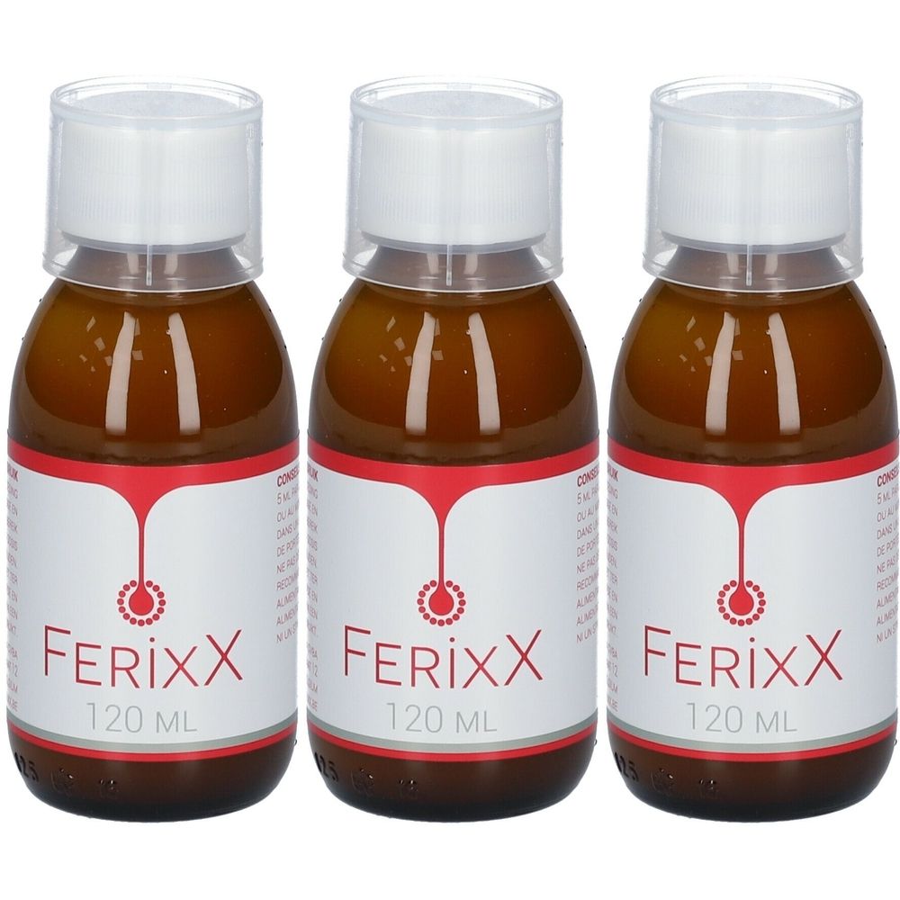 Trois flacons de liquide brun. Étiquette avec design rouge et texte FerixX, 120 ml.