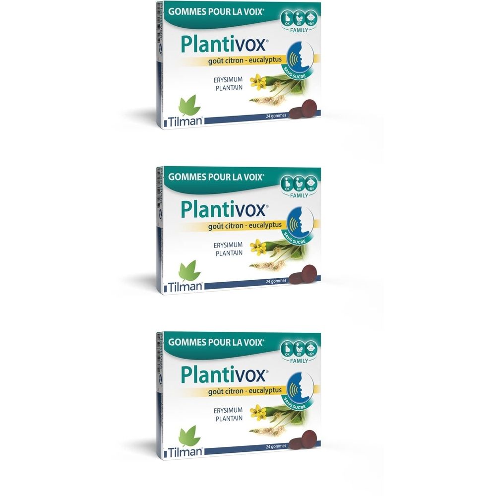 Trois boîtes de gommes Plantivox®. Inscription: GOMMES POUR LA VOIX, goût citron-eucalyptus, Erysimun, Plantain. Marque Tilman. Emballage vert et blanc.