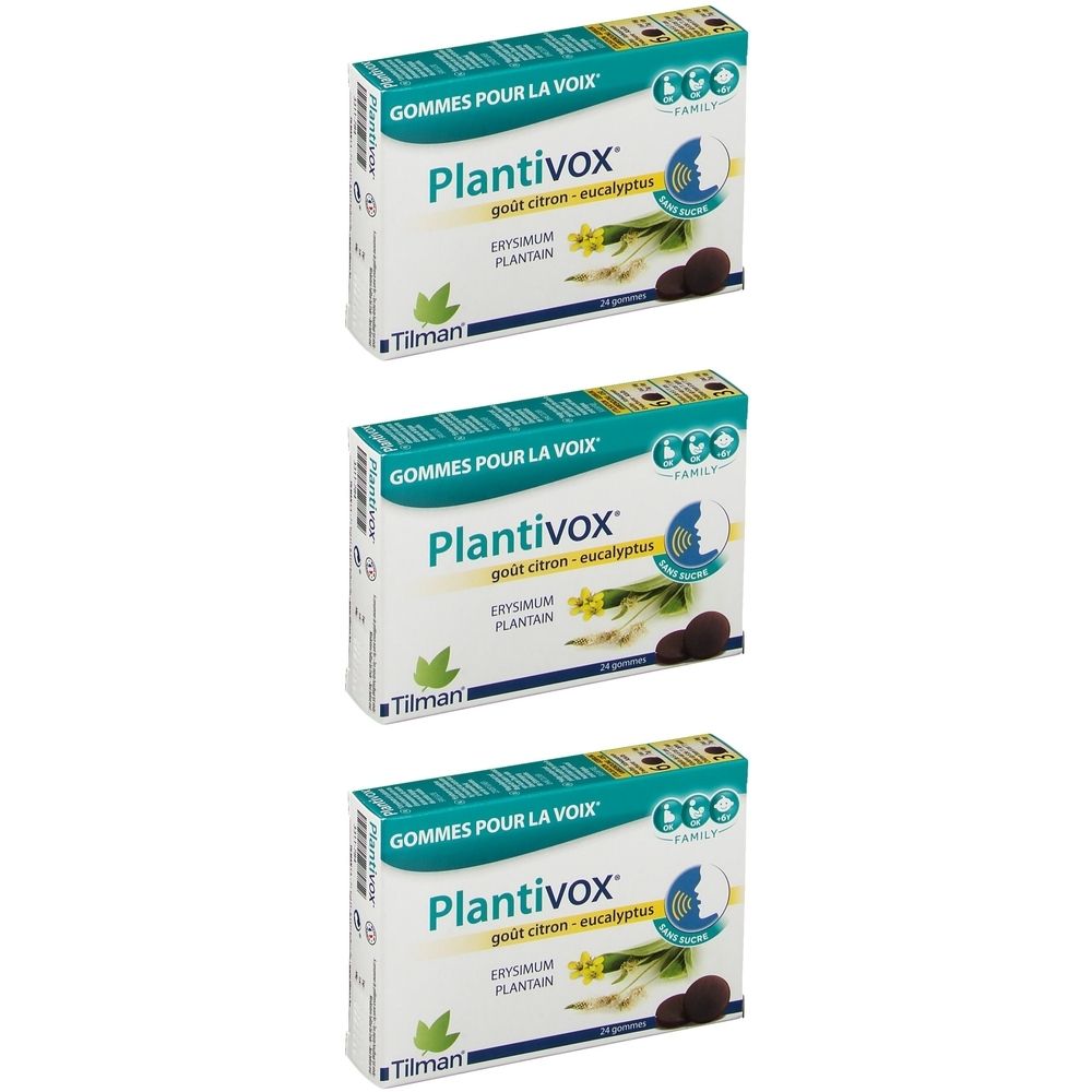 Trois boîtes de gommes Plantivox®. Inscription: GOMMES POUR LA VOIX, goût citron-eucalyptus, Erysimun, Plantain. Marque Tilman. Emballage vert et blanc.