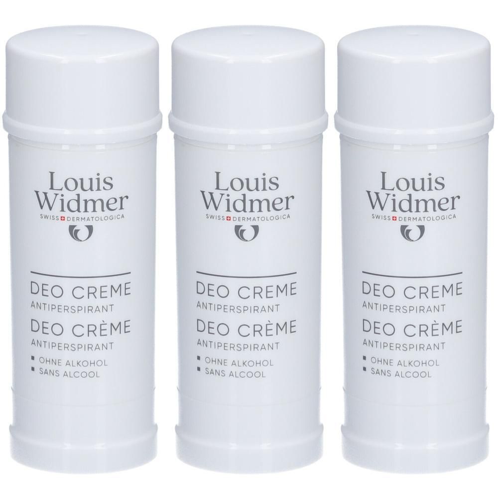 Trois sticks de crème déodorante blanche Louis Widmer. Inscription: Deo Crème Antitranspirant, sans alcool.