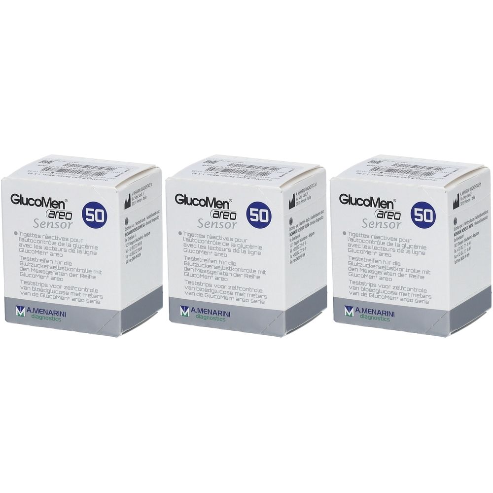 Trois boîtes carrées avec l'inscription GlucoMen areo Sensor. Impression : 50. Fabricant : Menarini.