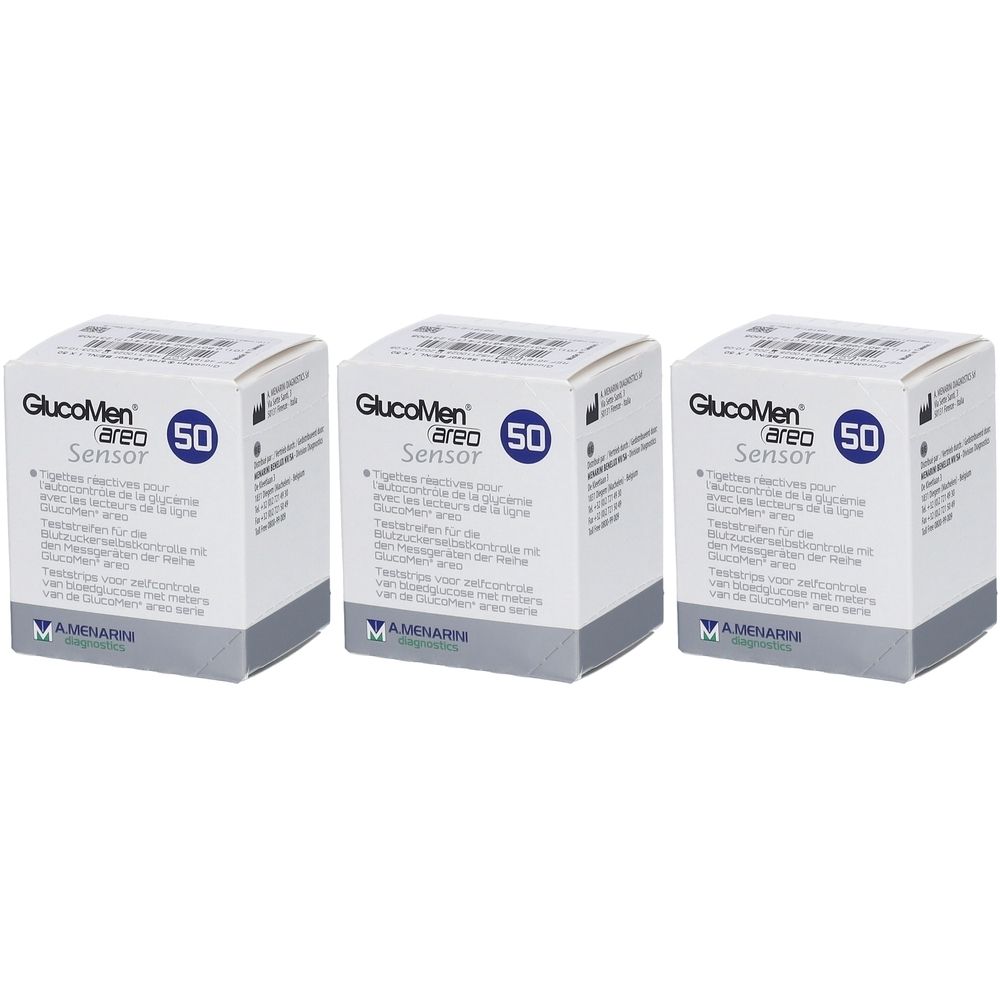 Trois boîtes carrées avec l'inscription GlucoMen areo Sensor. Impression : 50. Fabricant : Menarini.
