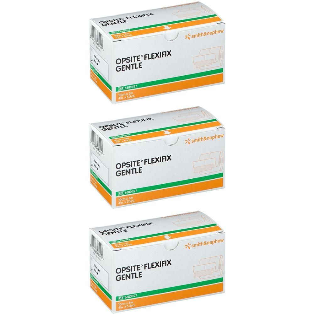 Trois boîtes Opsite Flexifix Gentle. Emballage blanc, vert et orange. Logo Smith & Nephew. Nom du produit et taille.