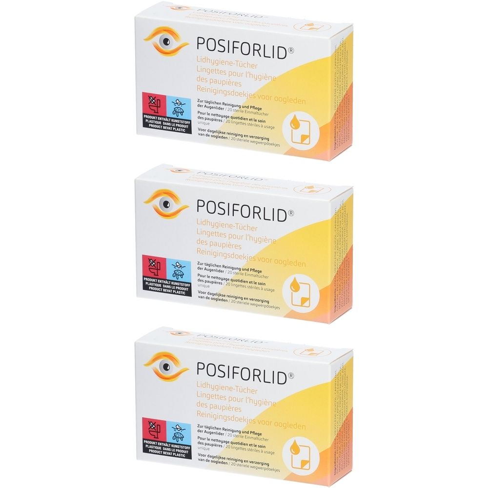 Trois boîtes de Posiforlid® Lingettes pour l'hygiène des paupières. Emballage blanc avec design jaune et orange. Nom du produit et logo.