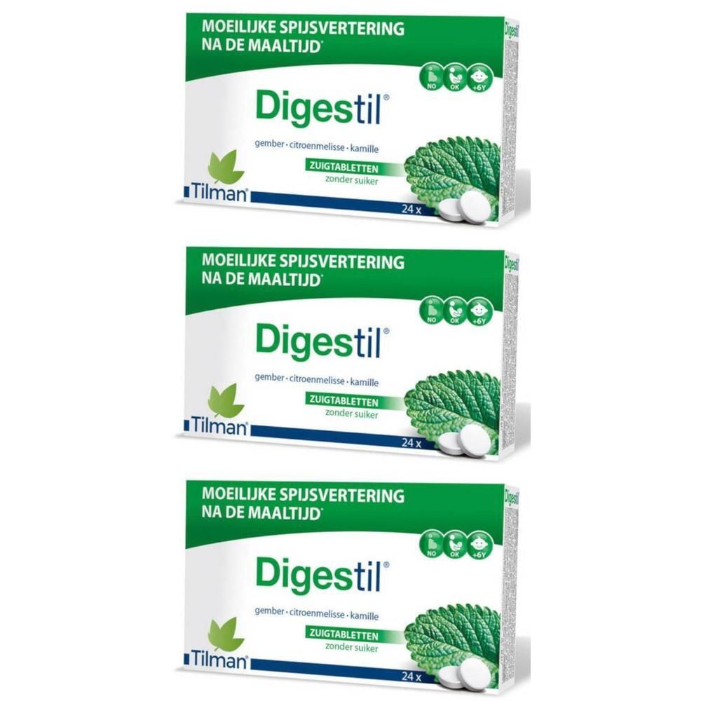 Trois boîtes de Digestil. Emballage vert et blanc avec texte et images de feuilles et de comprimés. Comprimés à sucer.