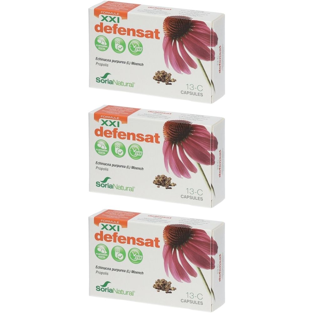 Trois boîtes de Soria Natural® 13-C Defensat XXI. Boîtes blanches avec nom du produit, logo et image d'une fleur. Inscription : 13-C Capsules.