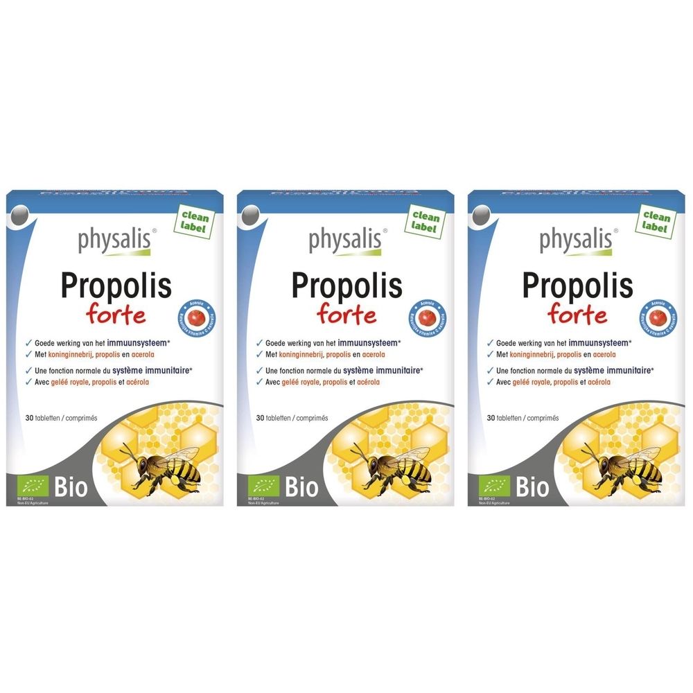 Trois boîtes de "physalis Propolis forte". Inscription "Bio". Image d'un rayon de miel et d'une abeille. Logo "Clean Label".