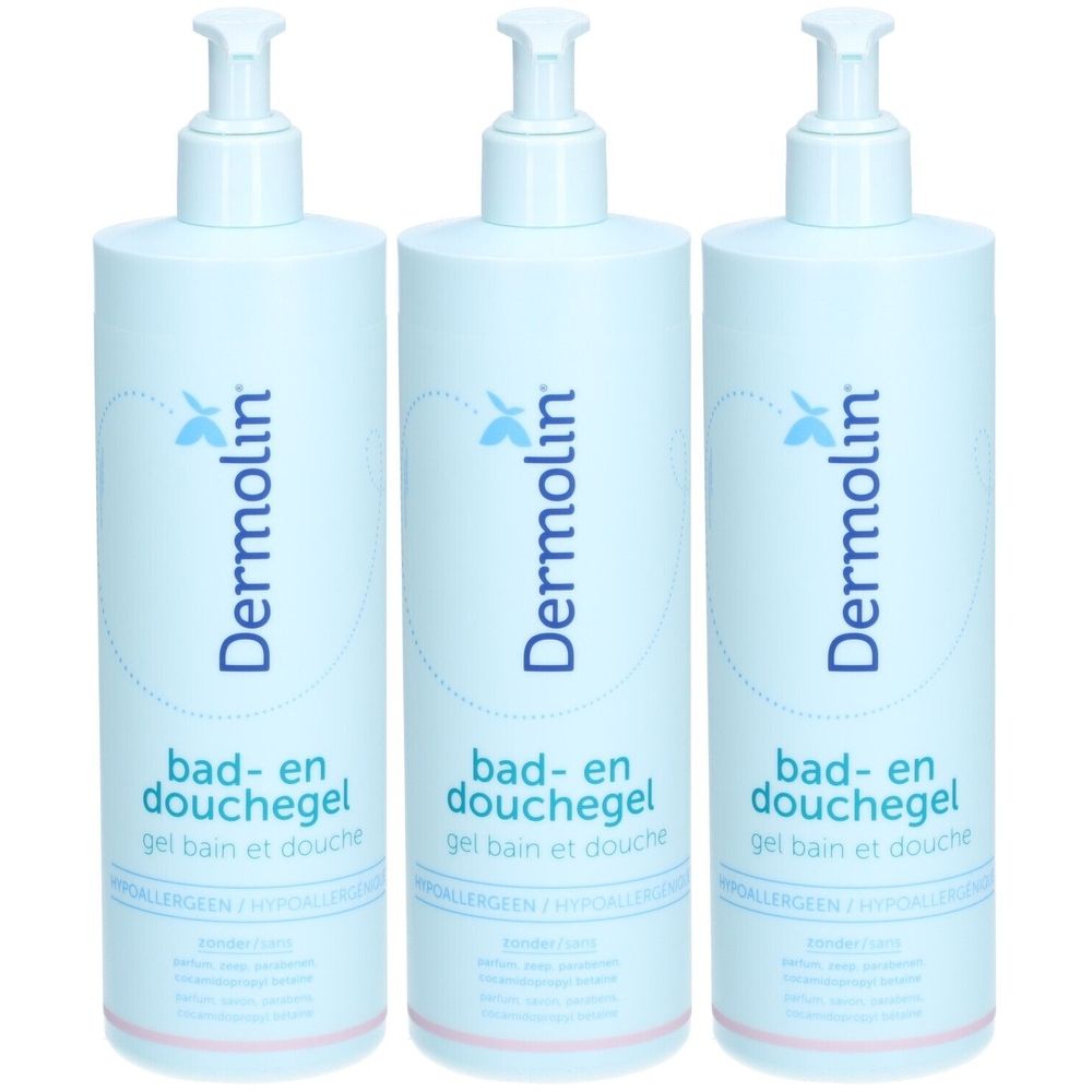 Trois flacons de gel douche Dermolin avec distributeur. Flacons bleu clair avec impression blanche. Hypoallergénique.