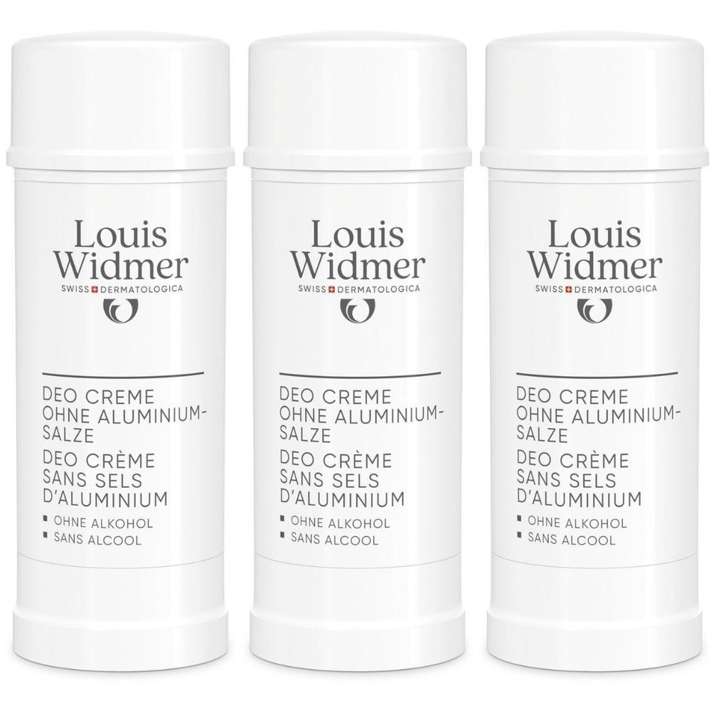 Trois déodorants blancs. Inscription: Louis Widmer, Deo Crème sans sels d'aluminium, sans alcool.