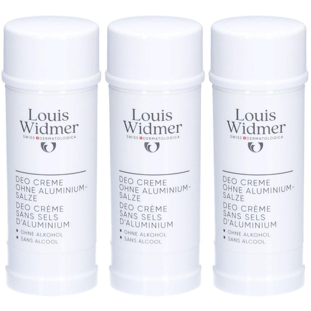 Trois déodorants blancs. Inscription: Louis Widmer, Deo Crème sans sels d'aluminium, sans alcool.
