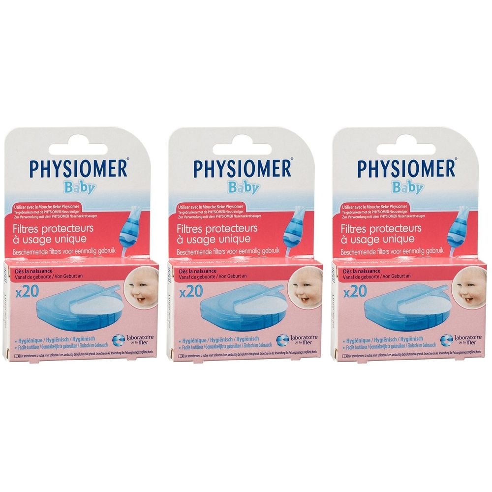 Trois boîtes de Filtres Physiomer Baby. Chaque boîte affiche le produit, la marque et l'inscription "x20".
