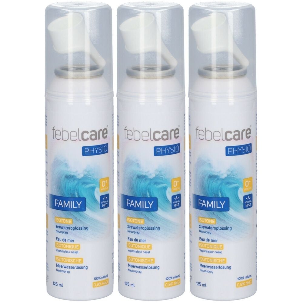 Trois sprays nasaux Febelcare PHYSIO. Flacons blancs avec motif de vagues bleues. Bouchons et embouts clairs.