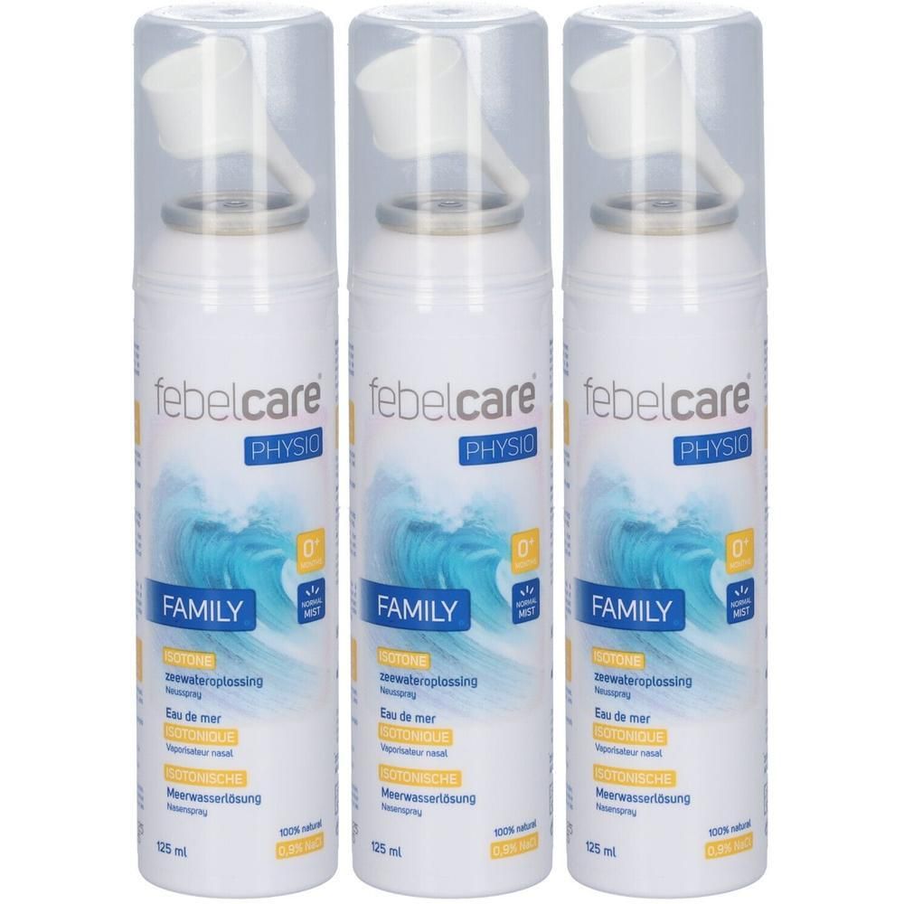Trois sprays nasaux Febelcare PHYSIO. Flacons blancs avec motif de vagues bleues. Bouchons et embouts clairs.