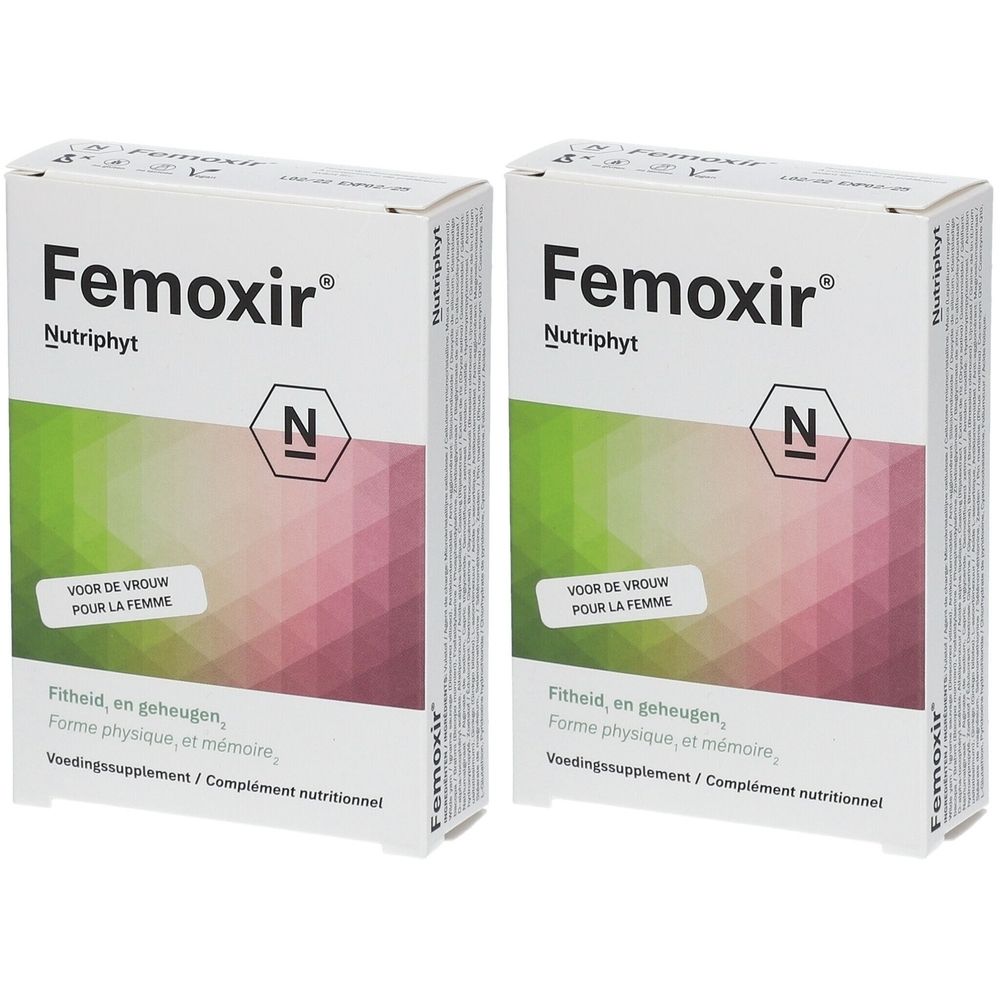Deux boîtes Femoxir® Nutriphyt. Emballage blanc avec dégradé vert-rose. Texte : « Voor de vrouw pour la femme ».