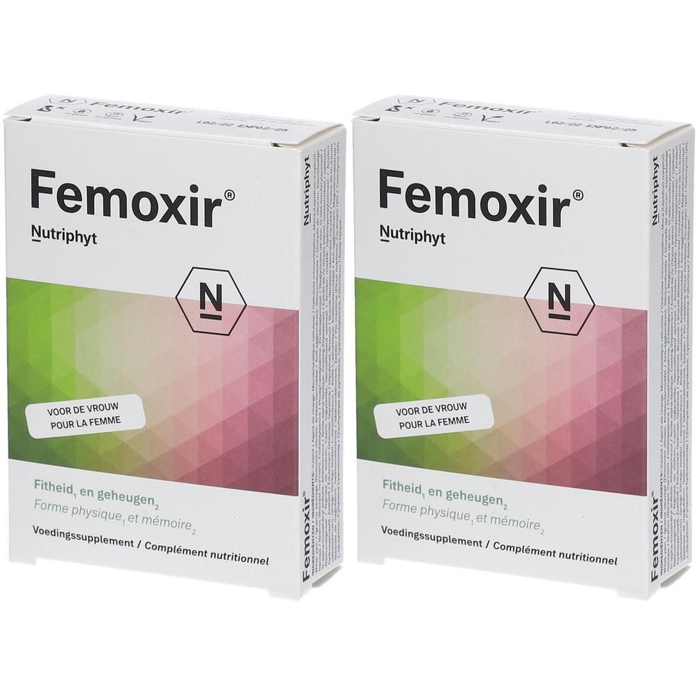 Deux boîtes Femoxir® Nutriphyt. Emballage blanc avec dégradé vert-rose. Texte : « Voor de vrouw pour la femme ».