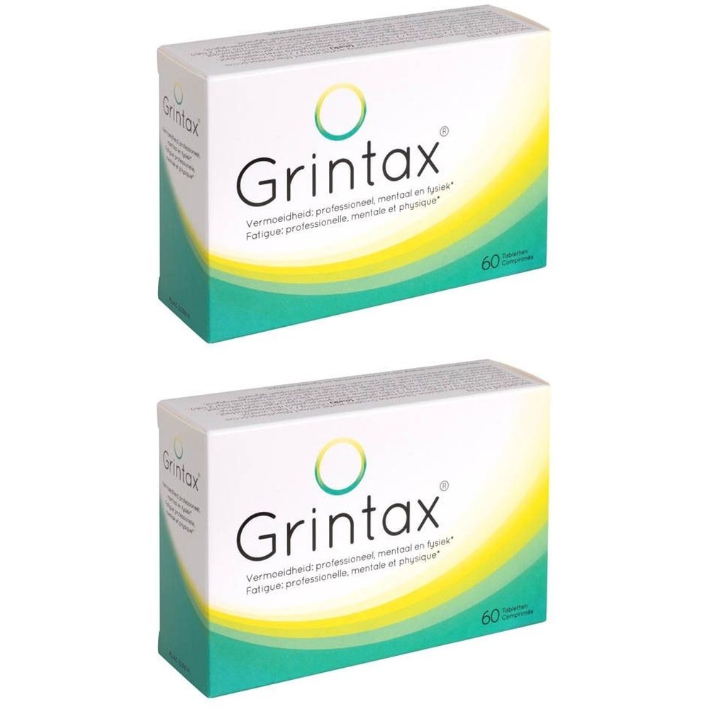 Deux boîtes Grintax. Logo et texte. 60 comprimés. Dégradé jaune-vert. Texte en français et néerlandais.