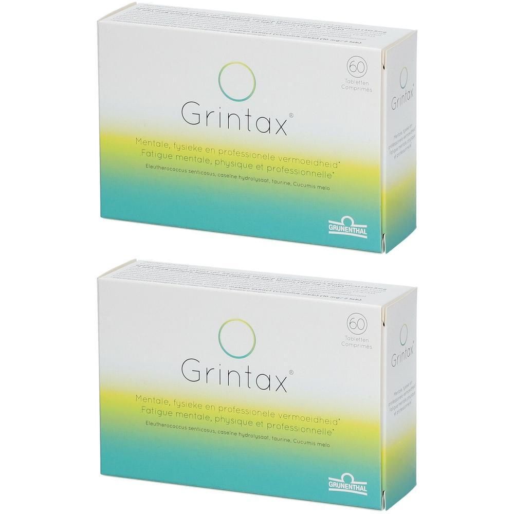 Deux boîtes blanches Grintax. Texte en français et néerlandais. 60 comprimés. Dégradé de couleurs jaune et vert.