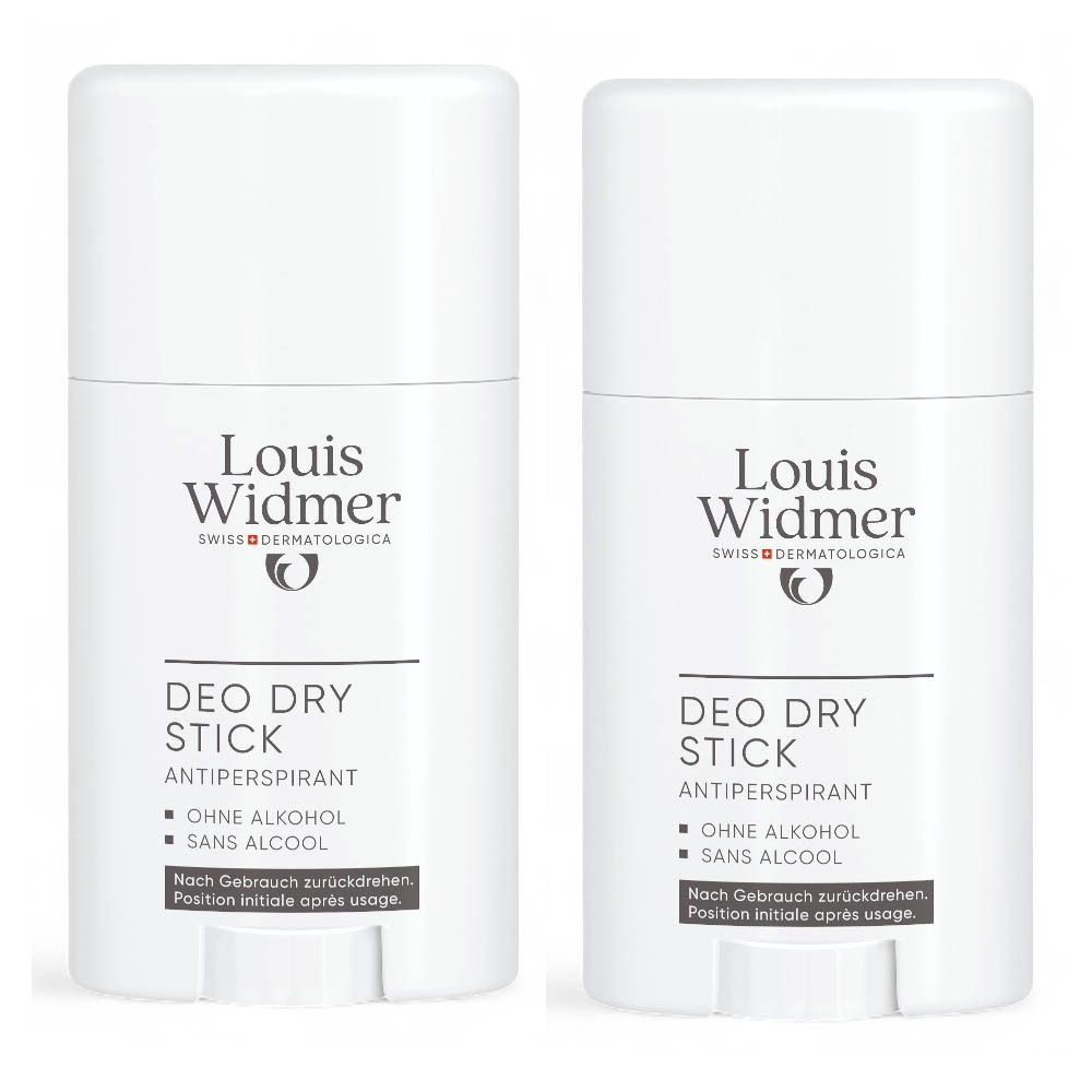 Deux sticks déodorants blancs Louis Widmer. Texte: Antiperspirant, sans alcool, sans parfum. 0% Parfum.