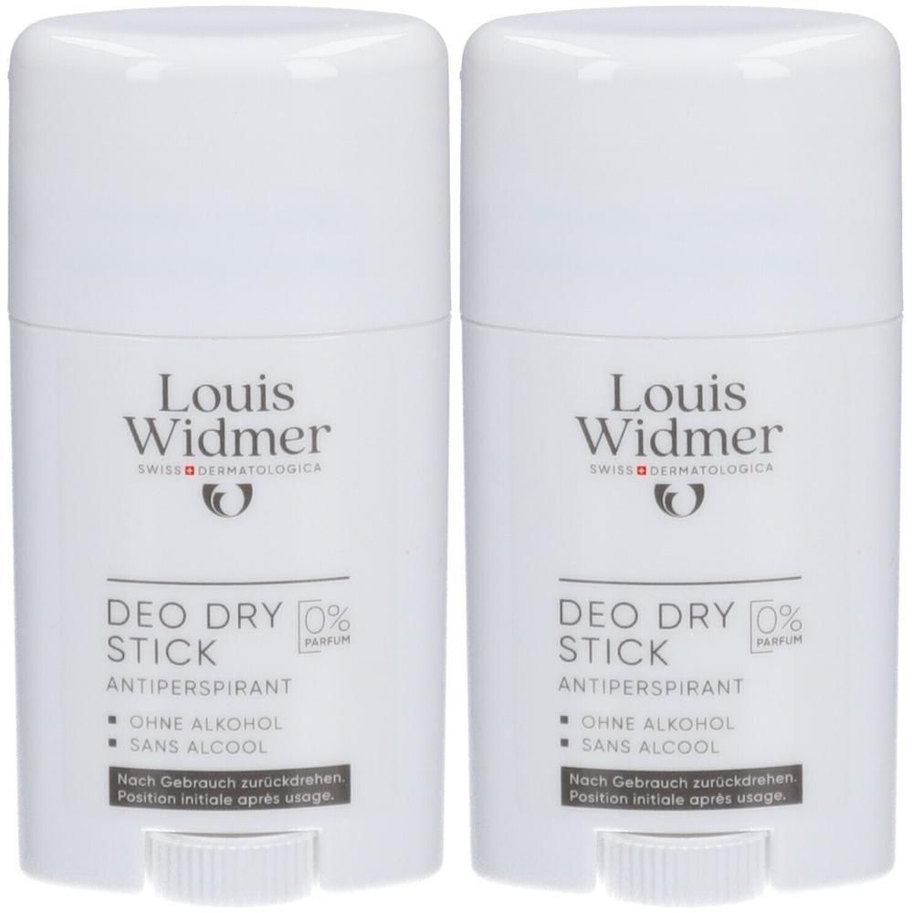 Deux sticks déodorants blancs Louis Widmer. Texte: Antiperspirant, sans alcool, sans parfum. 0% Parfum.