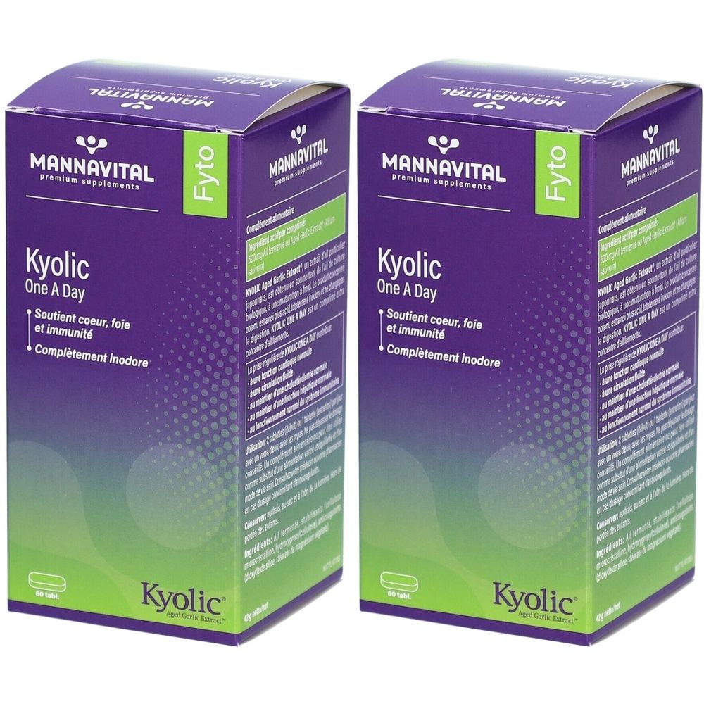 Deux boîtes de Kyolic One A Day. Emballages violets et verts avec nom et logo du produit. Texte en français.