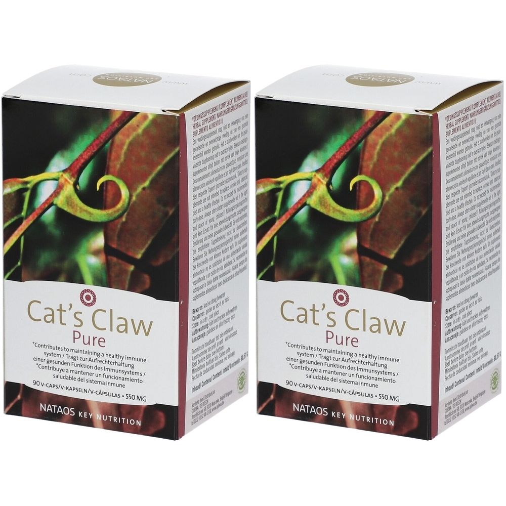 Deux boîtes de "Cat's Claw Pure". Illustration de feuilles et de vrilles. Texte : "Contribue au maintien d'un système immunitaire sain".