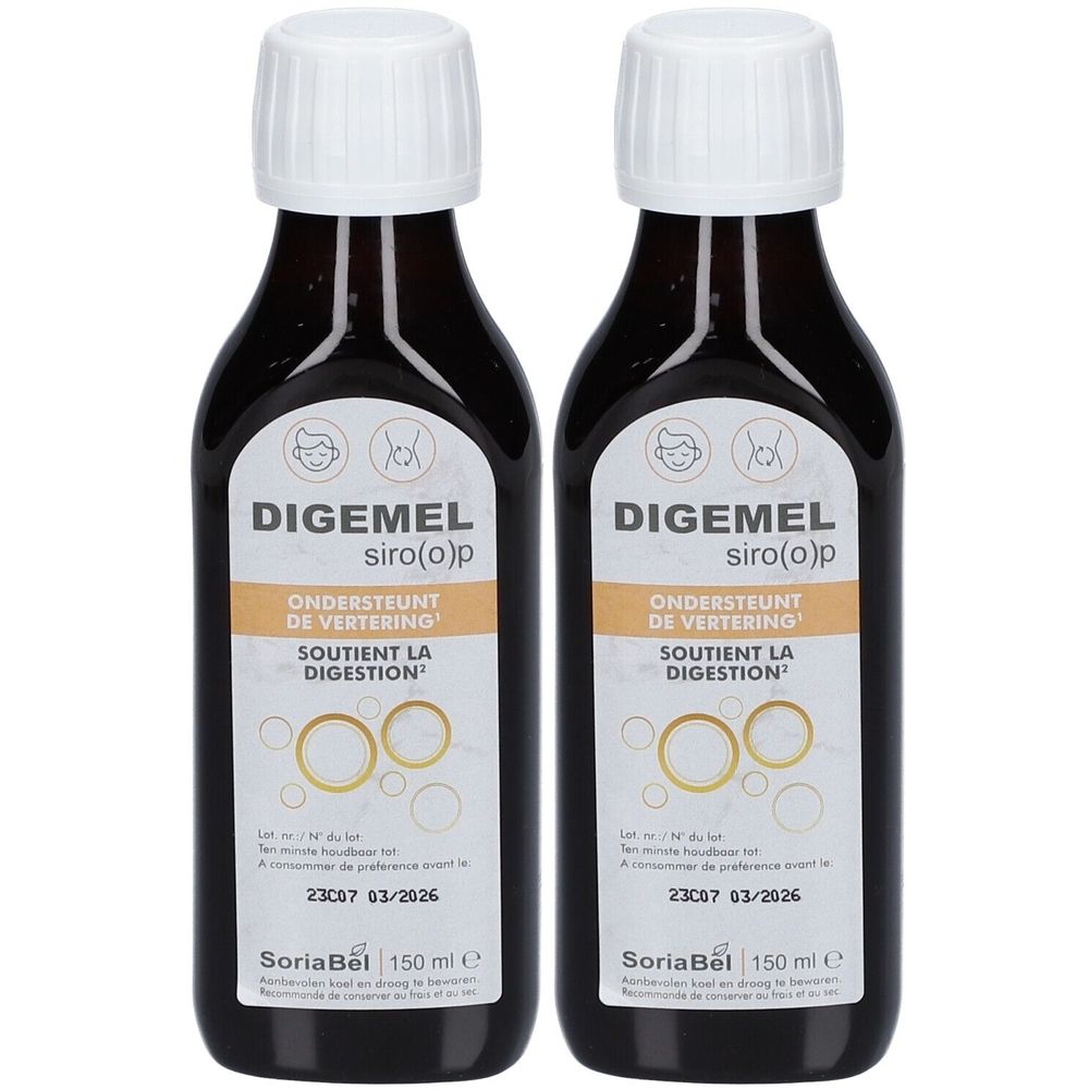 Deux flacons de Digemel Sirop. Bouteilles en verre brun avec bouchon blanc. Étiquette avec nom et texte du produit. 150 ml.