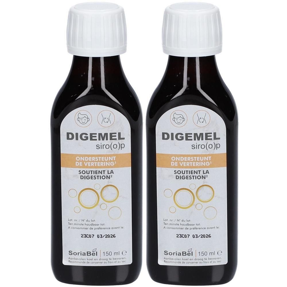 Deux flacons de Digemel Sirop. Bouteilles en verre brun avec bouchon blanc. Étiquette avec nom et texte du produit. 150 ml.