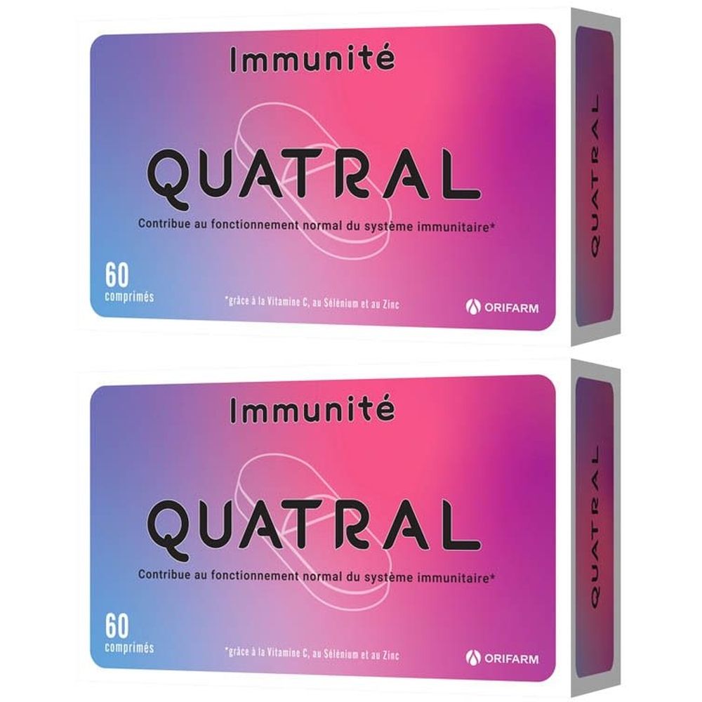 Deux boîtes de "Quatral" avec "Immunité". Chaque boîte contient 60 comprimés. Logo en haut à gauche.