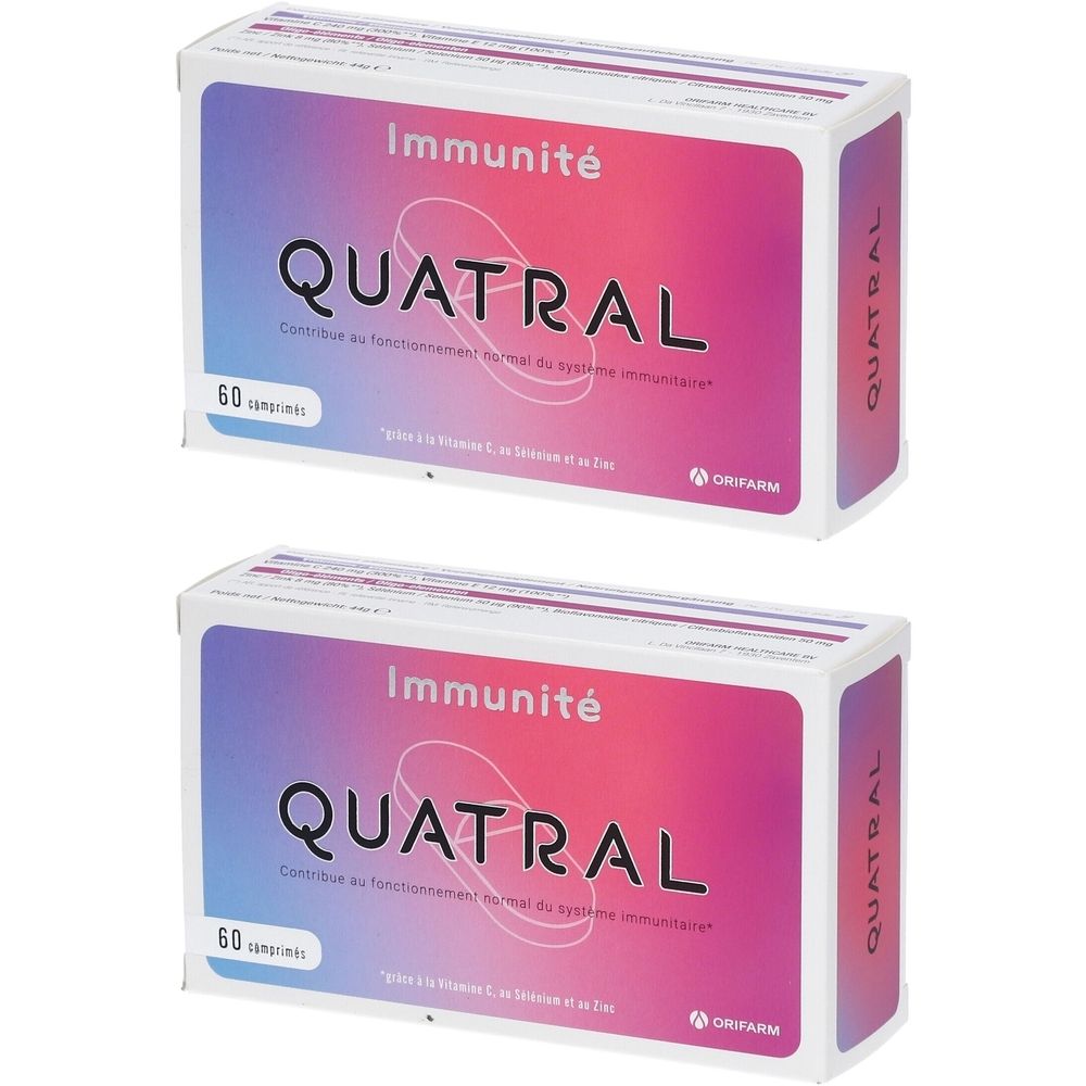 Deux boîtes de "Quatral" avec "Immunité". Chaque boîte contient 60 comprimés. Le logo est en haut à gauche.