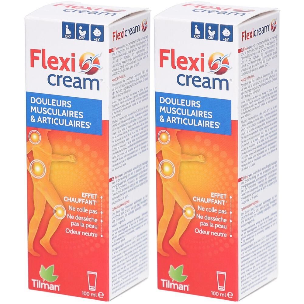 Deux boîtes de Flexi Cream. Emballage rouge avec nom du produit et illustration. Texte : Douleurs musculaires et articulaires.