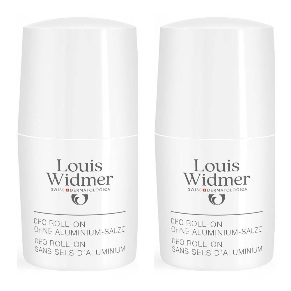 Deux déodorants roll-on blancs. Inscription: Louis Widmer, Deo Roll-On sans sels d'aluminium. Marque dermatologique suisse.