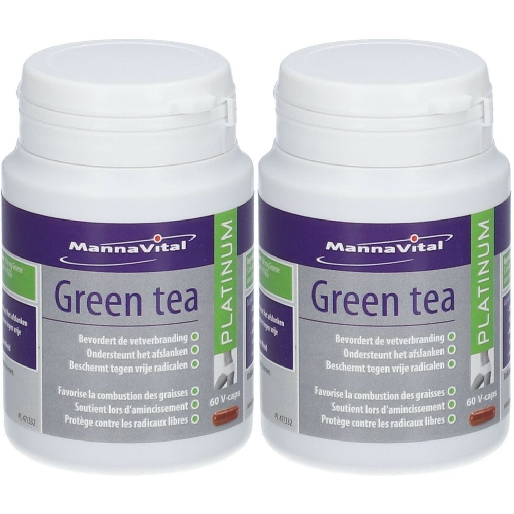 Deux flacons blancs avec étiquettes. Inscription: Mannavital Green Tea Platinum. 60 V-caps. Texte en français.