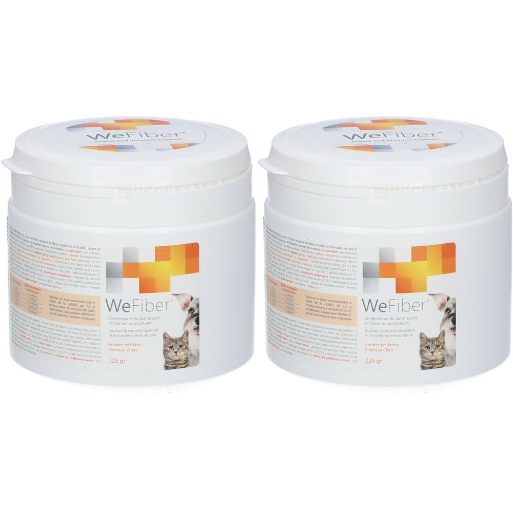 Deux pots blancs avec couvercles. Inscription WeFiber et logo. Texte sur le côté. Image de chat.