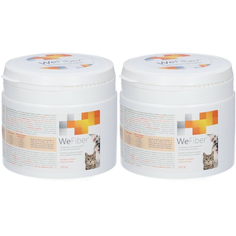 Deux pots blancs avec couvercles. Inscription WeFiber et logo. Texte sur le côté. Image de chat.