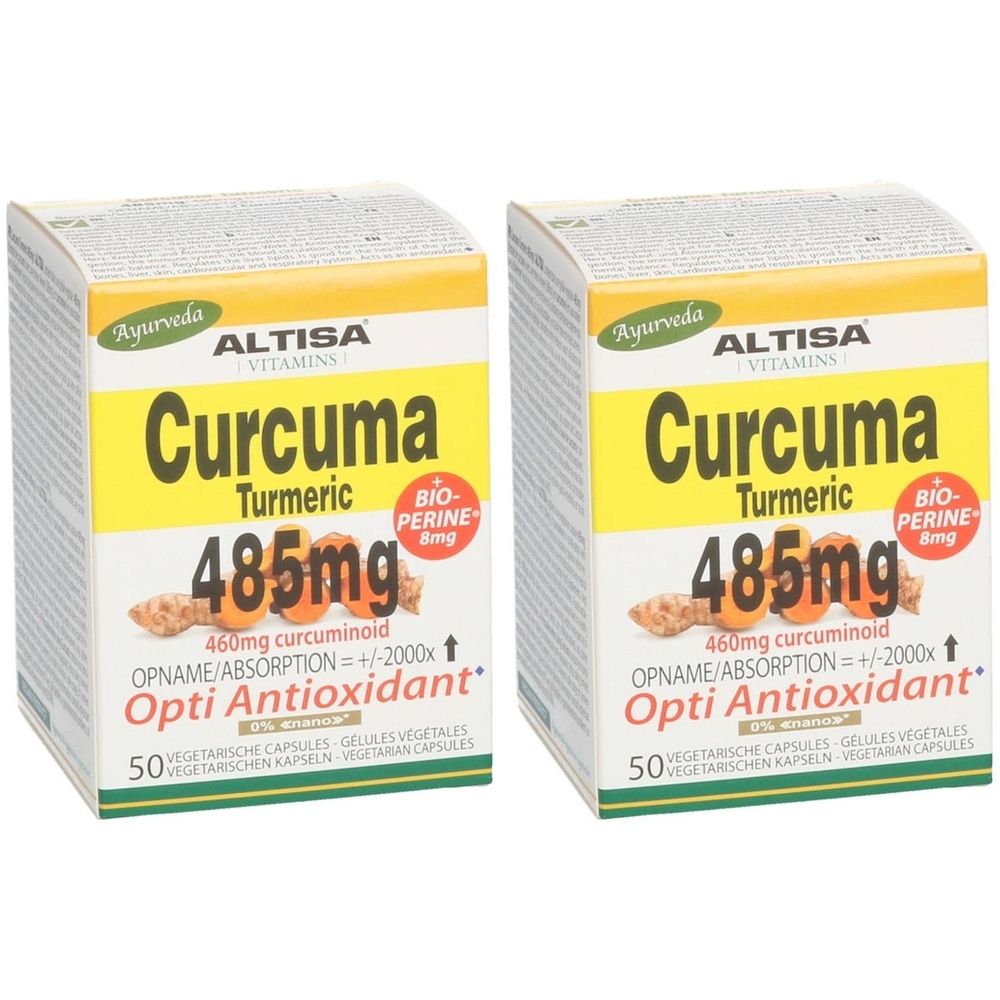 Deux boîtes de ALTISA Curcuma + Pipérine. Emballage jaune et blanc avec nom du produit et informations. 50 gélules.