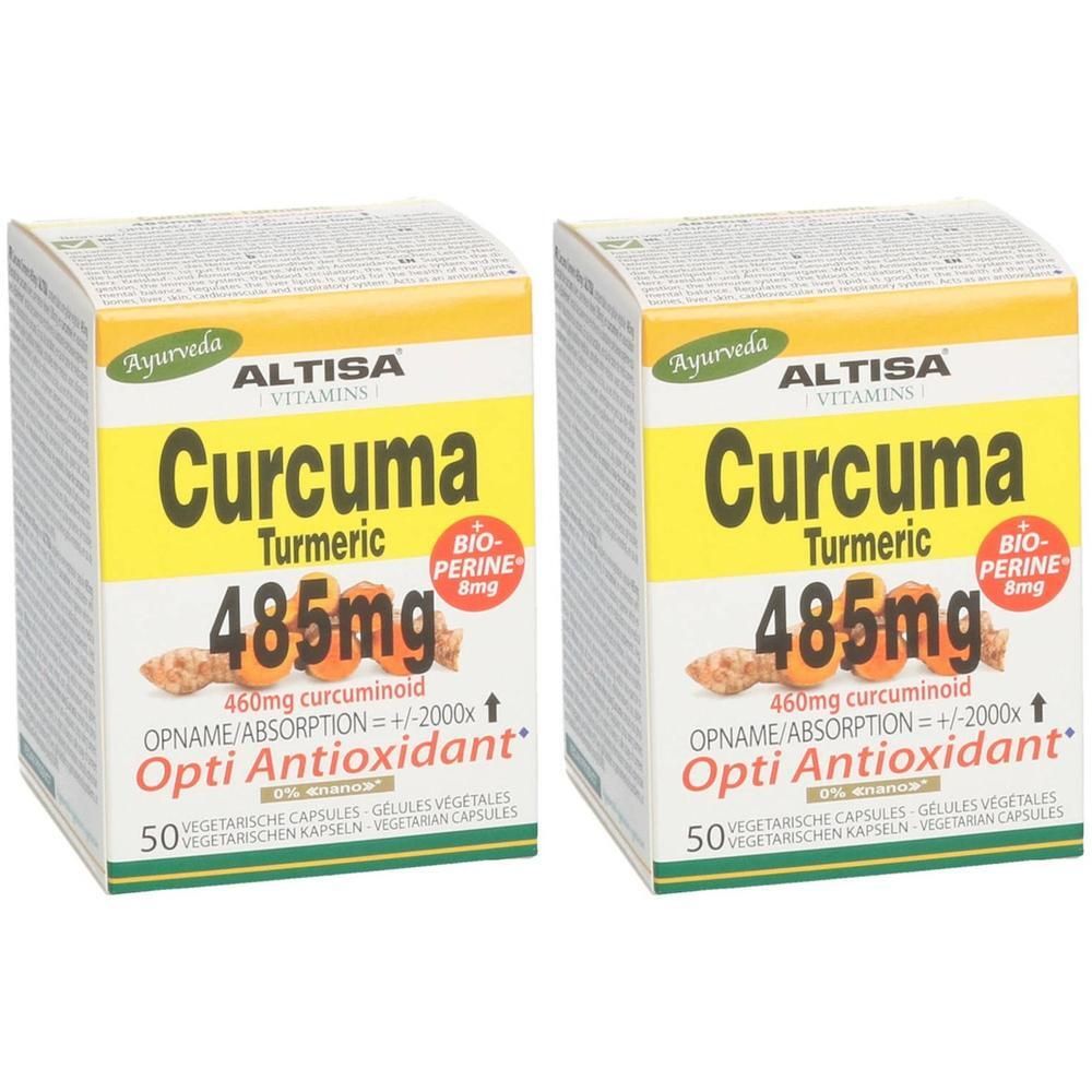 Deux boîtes de ALTISA Curcuma + Pipérine. Emballage jaune et blanc avec nom du produit et informations. 50 gélules.