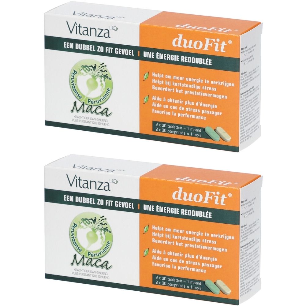 Deux boîtes de Vitanza HQ DuoFit. Inscription : Maca. Emballage orange et blanc avec illustrations de comprimés verts.