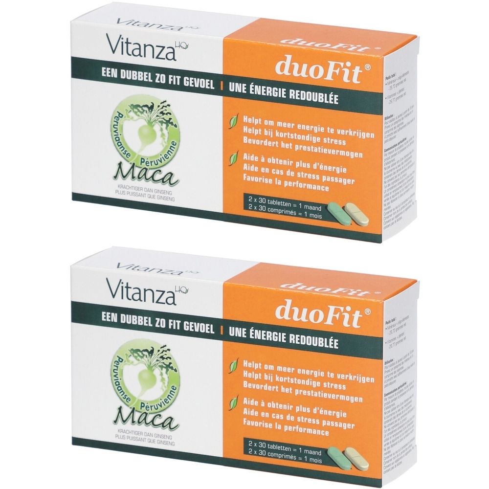 Deux boîtes de Vitanza HQ DuoFit. Inscription : Maca. Emballage orange et blanc avec illustrations de comprimés verts.