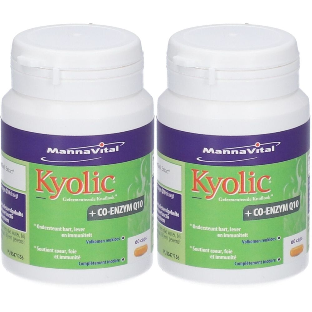 Deux flacons de Mannavital Kyolic + Coenzyme Q10. Récipients blancs avec étiquette violette. Inscriptions visibles : Kyolic, CO-ENZYME Q10.