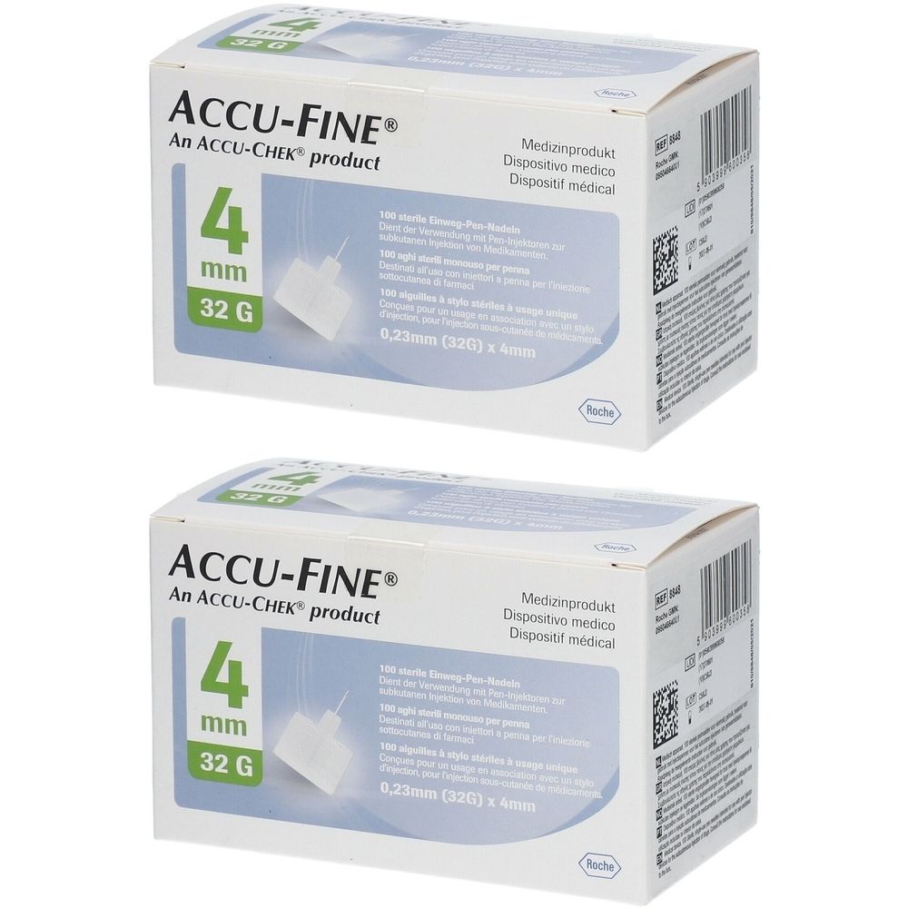 Deux boîtes ACCU-FINE® Aiguilles stériles. Inscription : 4 mm, 32 G. Dispositif médical. Emballage blanc avec texte bleu et vert.