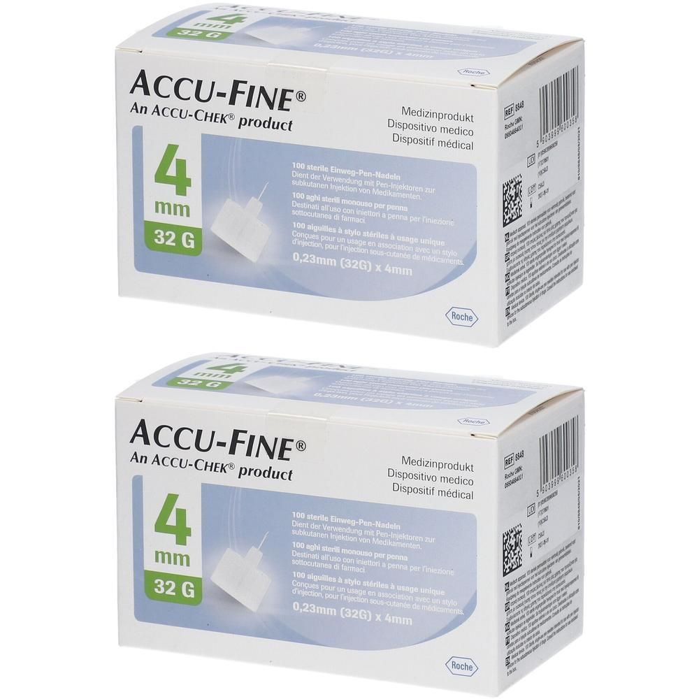 Deux boîtes ACCU-FINE® Aiguilles stériles. Inscription : 4 mm, 32 G. Dispositif médical. Emballage blanc avec texte bleu et vert.