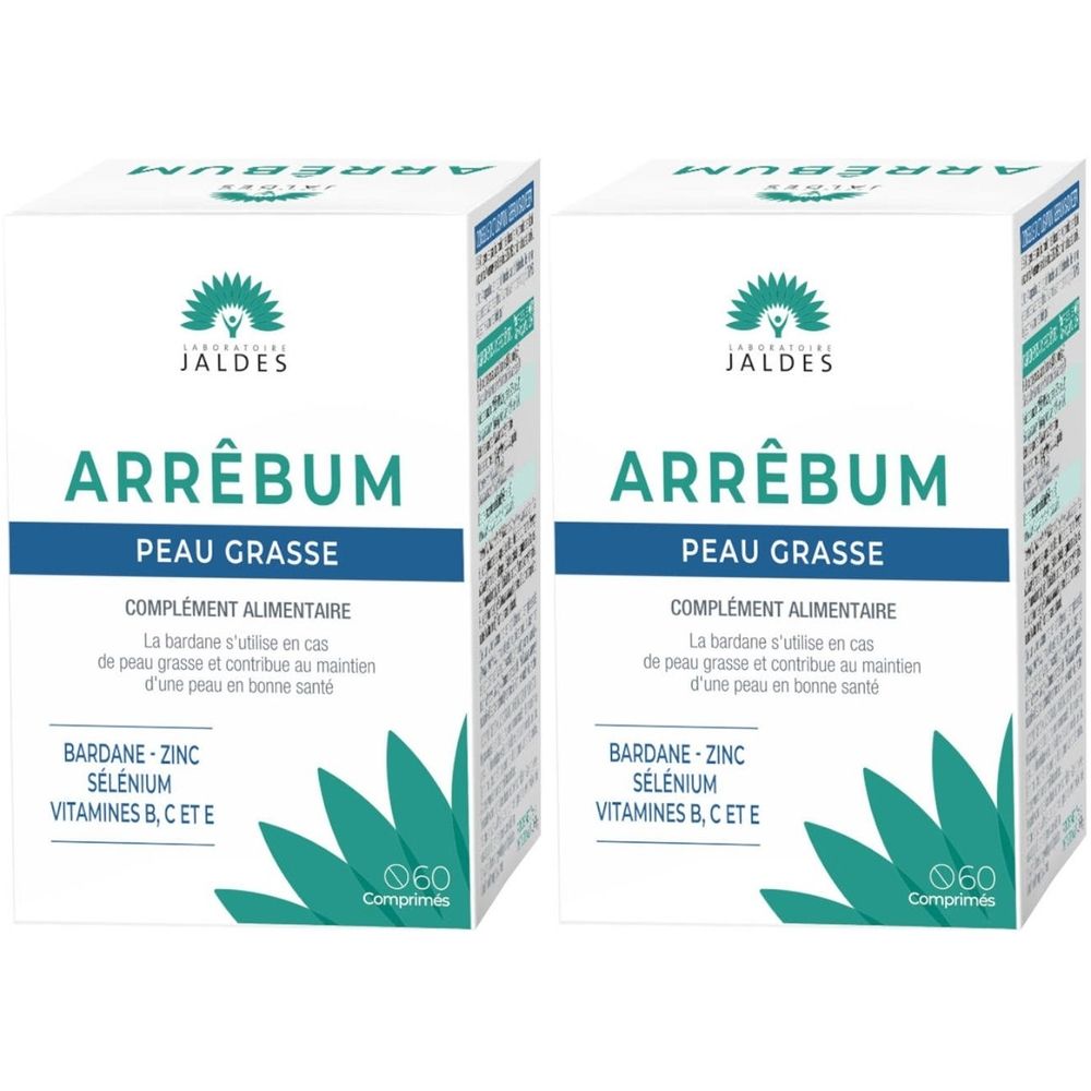 Deux boîtes de "ARRÊBUM PEAU GRASSE". Contient 60 comprimés. Inscription "COMPLEMENT ALIMENTAIRE".