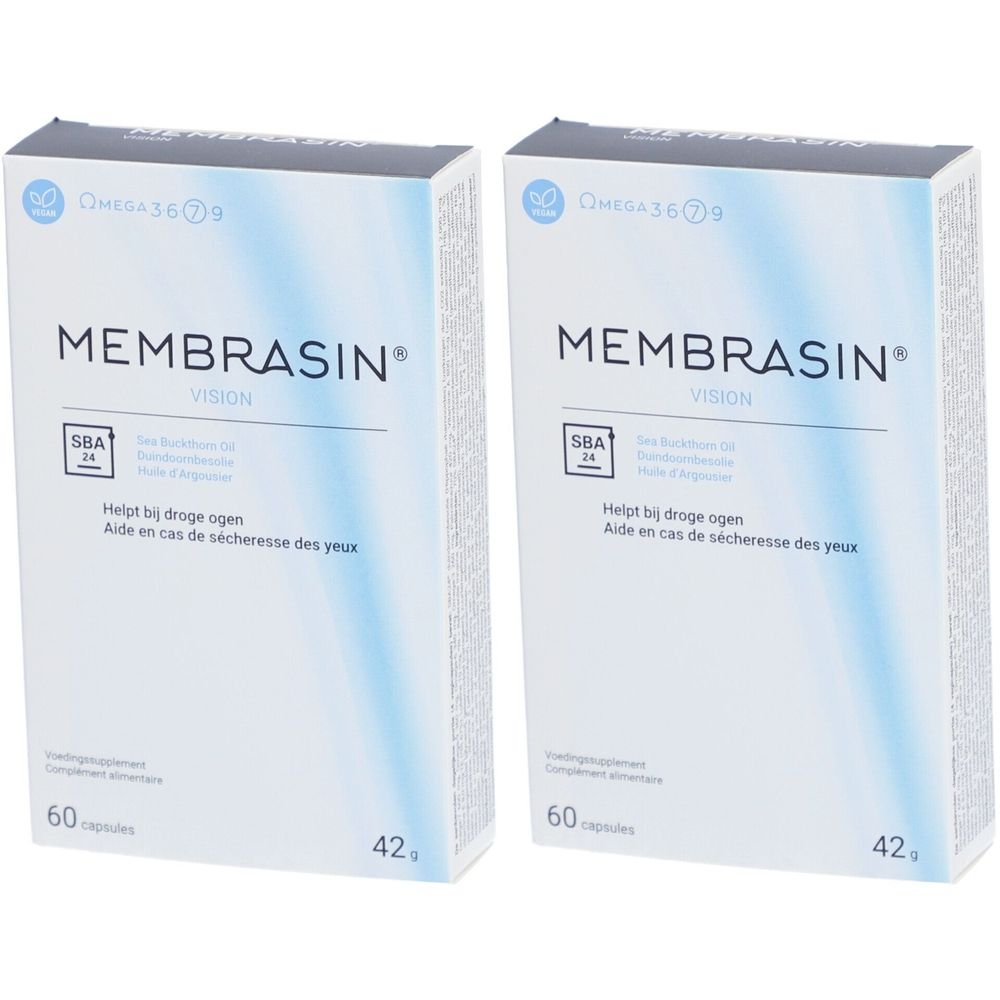 Deux boîtes de Membrasin Vision. Inscription: Aide en cas de sécheresse oculaire. Contient 60 capsules. Certification SBA.