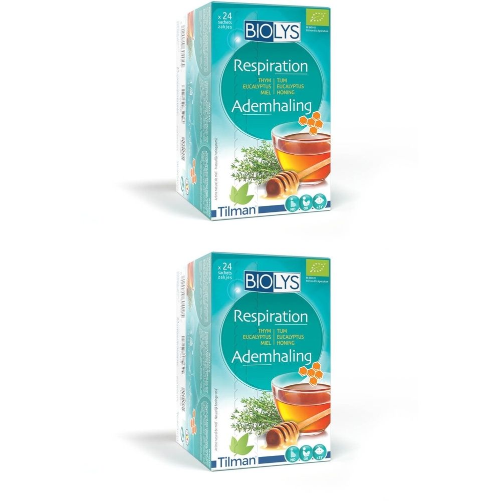 Deux boîtes de Biolys Thé Respiration. Inscription : Thym, Eucalyptus, Miel. Label bio. 24 sachets. Vue oblique.